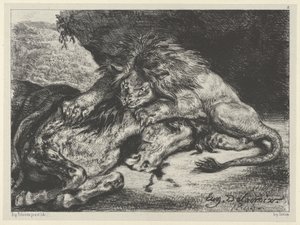 Lion dévorant un cheval - Eugène Delacroix