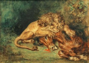 Lion attaquant un cheval