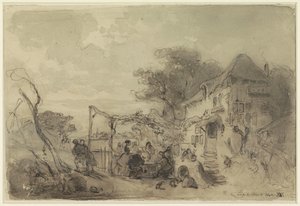 Groupe sur une terrasse devant une auberge le long d