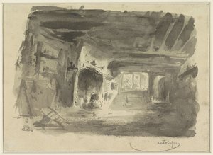 Intérieur avec femme agenouillée devant la cheminée - Eugène François de Block