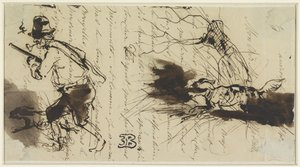 Chasseur avec chien, sur une lettre signée