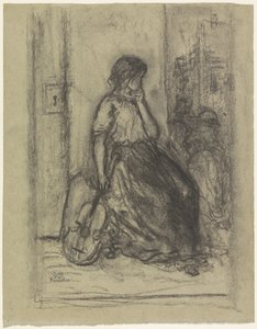 Musicienne de rue assise avec un violon - Eugène François de Block