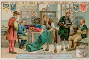 Un tisserand, tailleur, chapelier et fabricant de tresses passent leurs commandes à un teinturier - European School