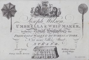 Publicité pour Joseph Wilson, fabricant de parapluies et de fouets, Londres - European School