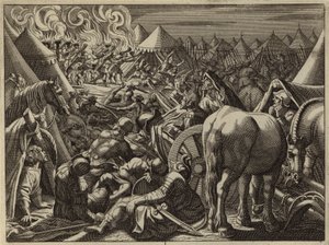 Attaque sur le camp de Madian par les 300 soldats choisis par Gédéon (gravure) - European School