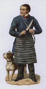 Boucher, aiguisant un couteau, avec un chien