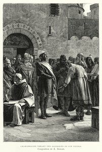 Charlemagne tenant une assemblée de son peuple (gravure) - European School