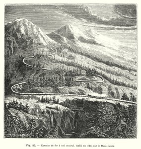 Chemin de fer à rail central, établi en 1866, sur le Mont-Cenis (gravure) - European School