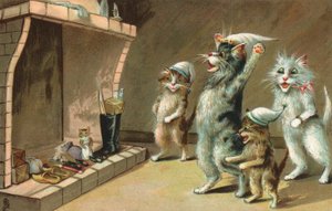 Chats de bande dessinée, attendant leurs cadeaux de Noël (lithographie couleur) - European School