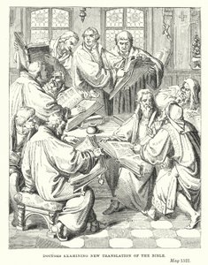 Médecins examinant la nouvelle traduction de la Bible (gravure) - European School