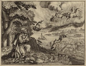 Élisée regardant son père Élie emporté au ciel par un tourbillon (gravure) - European School
