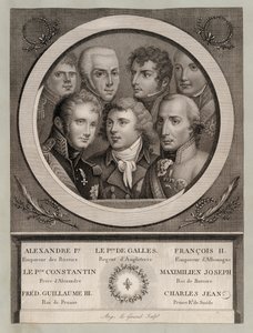 Royauté européenne du début du 19e siècle : Tsar Alexandre Ier de Russie ; George, Prince de Galles, Régent du Roi George III ; François II, Empereur du Saint-Empire romain germanique ; Grand-duc Constantin Pavlovitch de Russie ; Maximilien Joseph, Roi de  - European School