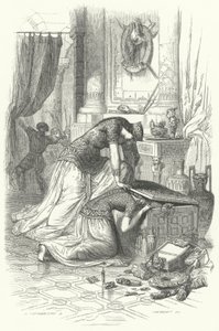 Frédégonde, reine de Chilpéric Ier, tentant de tuer sa fille Rigunth, 589