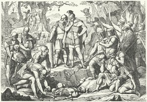 Germanicus enterrant les os des soldats des trois légions romaines commandées par Publius Quinctilius Varus détruites par les Germains à la bataille de la forêt de Teutoburg en 9 av. J.-C.