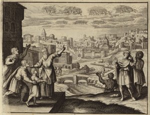 Cavalerie dorée dans les airs au-dessus de Jérusalem (gravure)