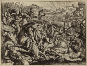 Les Israélites défaisant les Benjamites et brûlant leur ville (gravure) - European School
