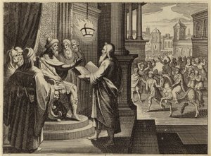 Le roi Assuérus ordonnant que le livre chroniquant son règne soit apporté et lu devant lui - European School
