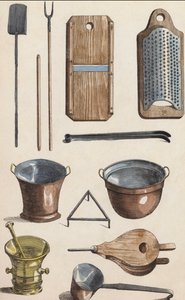 Ustensiles de cuisine (lithographie couleur) - European School