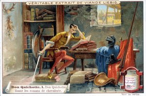 Chromolithographie de Liebig : Série "Don Quichotte", n° 1 : Don Quichotte lisant les romans de chevalerie. - European School