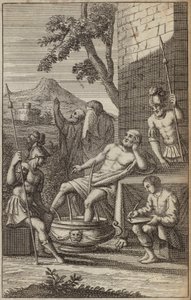 Homme se baignant et pensant, peut-être Archimède ? (gravure) - European School