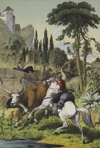 Bergers montés en Italie poursuivant un taureau des steppes dans un paysage avec des châtaigniers sauvages, des pins à grappes et des peupliers italiens (lithographie en couleur) - European School
