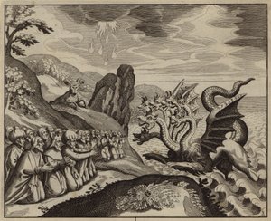Les gens adorant la bête à sept têtes sortant de la mer