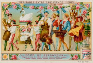 Représentants de différents métiers : marchand de vin, chef, pêcheur, chasseur, brasseur, forgeron, pâtissier, tisserand, boucher et cordonnier - European School