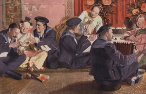 Marins dans une maison de thé chinoise (lithographie couleur) - European School