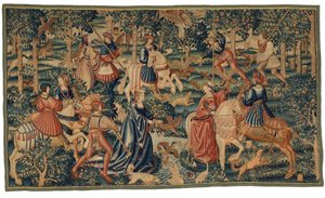 Tapisserie représentant des fauconniers chassant des oiseaux aquatiques - European School