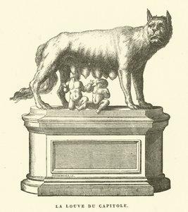 La Louve Capitoline, sculpture en bronze représentant la louve allaitant Romulus et Remus, les fondateurs jumeaux de Rome (gravure) - European School