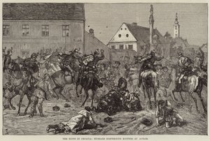 Les émeutes en Croatie, les hussards dispersant les émeutiers à Agram (gravure) - European School