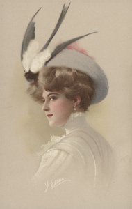 Femme au chapeau avec une hirondelle empaillée (lithographie couleur)