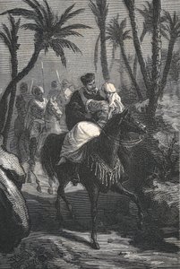 Cervantes chevauche un cheval avec une femme dans une oasis - Eusebio Planas