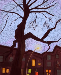 Brooklyn Brownstone Street At Dusk, 2016 (dessiné à la main sur un iPad avec un Apple pencil) - Evan Sklar