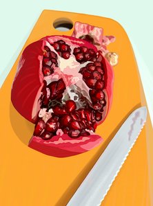 Grenade coupée et Kife sur une planche à découper (art numérique) - Evan Sklar