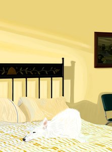 Chien se reposant sur un lit, c.2020-24 (art numérique) - Evan Sklar