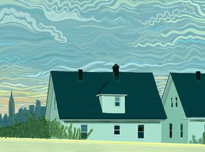 Maisons en bois vertes et horizon de Manhattan vus en conduisant sur l