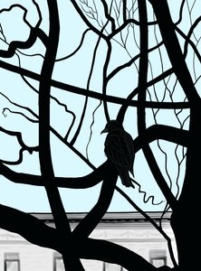 Faucon sur une branche en ville (art numérique) - Evan Sklar