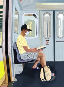 Homme en short dénudé lisant un livre dans le métro, vers 2020-24 (art numérique) - Evan Sklar