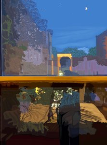 Homme reflété dans la fenêtre de la chambre à coucher la nuit (art numérique) - Evan Sklar
