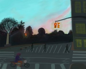 Orange Scooter,Grand Army Plaza, Brooklyn, 2016 (dessiné à la main sur un iPad avec un Apple pencil) - Evan Sklar