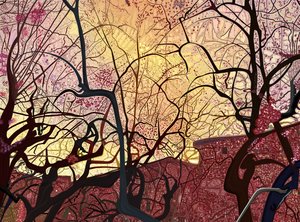 Ciel orange, bâtiments et arbres au printemps (art numérique) - Evan Sklar
