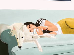 Penny et Ava sur le canapé à la maison (art numérique)
