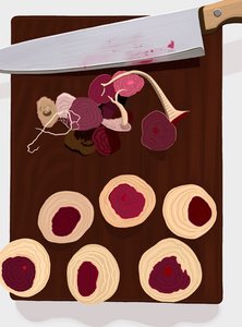 Six betteraves sur une planche à découper, c.2020-24 (art numérique) - Evan Sklar