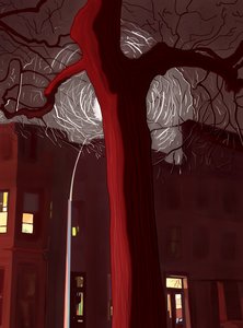 Rue et arbre de nuit éclairés par des sirènes et un lampadaire (art numérique) - Evan Sklar