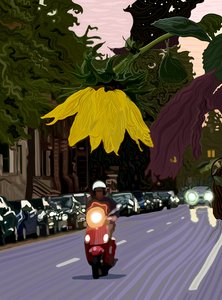 Tournesol et homme conduisant un scooter rouge (art numérique) - Evan Sklar
