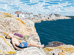 Jeune homme au bord de la mer en été prenant le soleil sur les rochers. (art numérique) - Evan Sklar