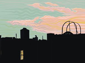 toit et nuages pointus au crépuscule (art numérique)