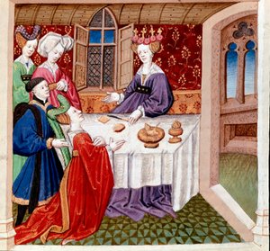 Iseut implore la protection de la reine Guenièvre assise à sa table - Everard de Espinques