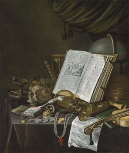 Nature morte avec pièces de monnaie et autres objets sur une table